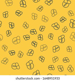 Blue line Medicine pill or tablet icon isolated seamless pattern on yellow background. Capsule pill and drug sign. Pharmacy design.  Vector Illustration