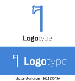 Blue line Medieval axe icon isolated on white background. Battle axe, executioner axe. Medieval weapon. Logo design template element. Vector Illustration
