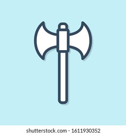 Blue line Medieval axe icon isolated on blue background. Battle axe, executioner axe.  Vector Illustration