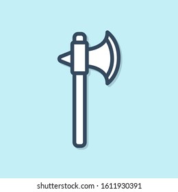 Blue line Medieval axe icon isolated on blue background. Battle axe, executioner axe.  Vector Illustration