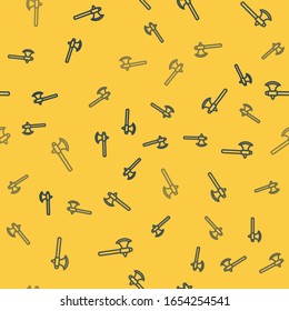 Blue line Medieval axe icon isolated seamless pattern on yellow background. Battle axe, executioner axe.  Vector Illustration