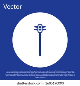 Blue line Medieval chained mace ball icon isolated on blue background. Medieval weapon. White circle button. Vector Illustration