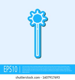 Blue line Medieval chained mace ball icon isolated on grey background. Medieval weapon.  Vector Illustration
