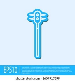 Blue line Medieval chained mace ball icon isolated on grey background. Medieval weapon.  Vector Illustration