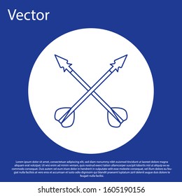 Blue line Medieval crossed arrows icon isolated on blue background. Medieval weapon. White circle button. Vector Illustration