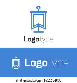 Blue line Medieval flag icon isolated on white background. Country, state, or territory ruled by a king or queen. Logo design template element. Vector Illustration