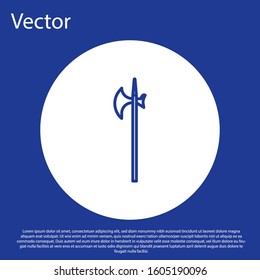 Blue line Medieval halberd icon isolated on blue background. Medieval weapon. White circle button. Vector Illustration
