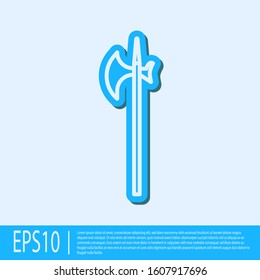 Blue line Medieval halberd icon isolated on grey background. Medieval weapon.  Vector Illustration