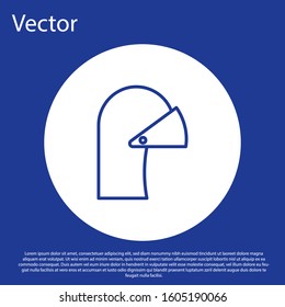 Blue line Medieval iron helmet for head protection icon isolated on blue background. White circle button. Vector Illustration