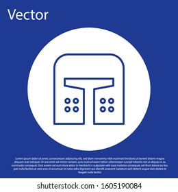 Blue line Medieval iron helmet for head protection icon isolated on blue background. White circle button. Vector Illustration