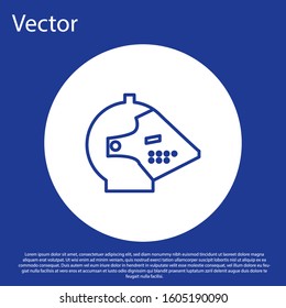 Blue line Medieval iron helmet for head protection icon isolated on blue background. White circle button. Vector Illustration