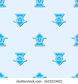 Blue line Medieval iron helmet for head protection icon isolated seamless pattern on grey background.  Vector Illustration