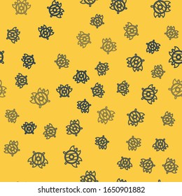 Blue line Medieval shield with crossed axes icon isolated seamless pattern on yellow background. Battle axe, executioner axe.  Vector Illustration
