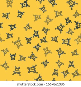 Blue line Medieval shield with crossed swords icon isolated seamless pattern on yellow background.  Vector Illustration