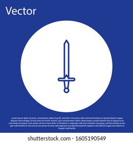 Blue line Medieval sword icon isolated on blue background. Medieval weapon. White circle button. Vector Illustration