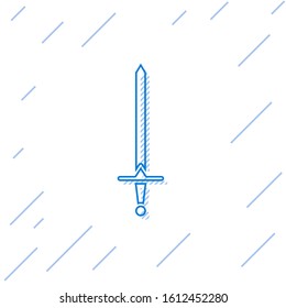 Blue line Medieval sword icon isolated on white background. Medieval weapon.  Vector Illustration