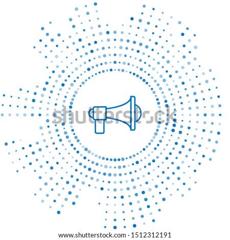 Blue line Megaphone icon isolated on white background. Loud speach alert concept. Bullhorn for Mouthpiece scream promotion. Abstract circle random dots. Vector Illustration