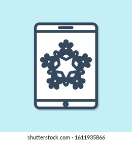 Blue line Merry Christmas on smartphone and snowflake icon isolated on blue background. Happy New Year.  Vector Illustration