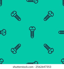 Blue line Metallic screw icon isolated seamless pattern on green background.  Vector