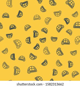 Blue line Meteorology thermometer measuring heat and cold icon isolated seamless pattern on yellow background. Thermometer equipment showing hot or cold weather.  Vector Illustration