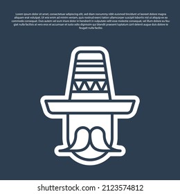 Blue line Mexican man wearing sombrero icon isolated on blue background. Hispanic man with a mustache.  Vector