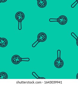 Blue line Microorganisms under magnifier icon isolated seamless pattern on green background. Bacteria and germs, cell cancer, microbe, virus, fungi.  Vector Illustration