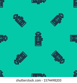 Blue line Microphone icon isolated seamless pattern on green background. On air radio mic microphone. Speaker sign.  Vector Illustration