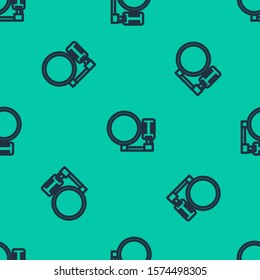 Blue line Microphone icon isolated seamless pattern on green background. On air radio mic microphone. Speaker sign.  Vector Illustration