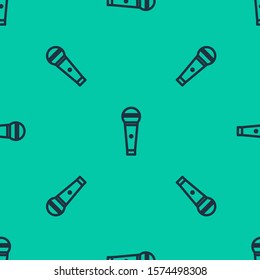 Blue line Microphone icon isolated seamless pattern on green background. On air radio mic microphone. Speaker sign.  Vector Illustration