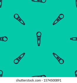 Blue line Microphone icon isolated seamless pattern on green background. On air radio mic microphone. Speaker sign.  Vector Illustration