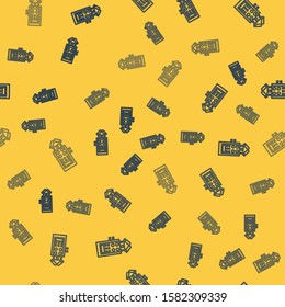 Blue line Microphone icon isolated seamless pattern on yellow background. On air radio mic microphone. Speaker sign.  Vector Illustration