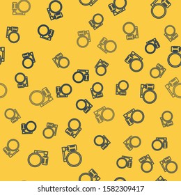 Blue line Microphone icon isolated seamless pattern on yellow background. On air radio mic microphone. Speaker sign.  Vector Illustration
