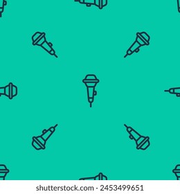 Blaue Linie Mikrofon-Symbol isoliert nahtlose Muster auf grünem Hintergrund. Mikrofon für Funk auf Sendung. Lautsprecherzeichen.  Vektorgrafik