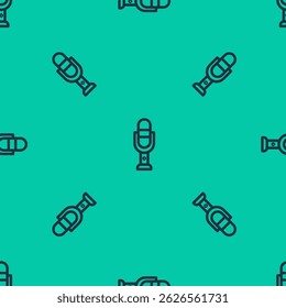 Blue line Microphone icon isolated seamless pattern on green background. On air radio mic microphone. Speaker sign.  Vector Illustration