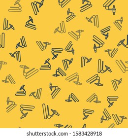 Blue line Microscope icon isolated seamless pattern on yellow background. Chemistry, pharmaceutical instrument, microbiology magnifying tool.  Vector Illustration