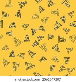 Blue line Microscope icon isolated seamless pattern on yellow background. Chemistry, pharmaceutical instrument, microbiology magnifying tool.  Vector