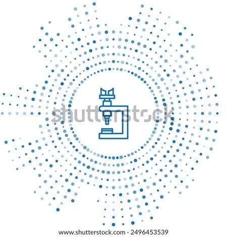 Blue line Microscope icon isolated on white background. Chemistry, pharmaceutical instrument, microbiology magnifying tool. Abstract circle random dots. Vector Illustration