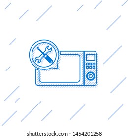 Blue line Microwave oven with screwdriver and wrench icon isolated on white background. Adjusting, service, setting, maintenance, repair, fixing.  Vector Illustration