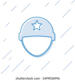 Blue line Military helmet icon isolated on white background. Army hat symbol of defense and protect. Protective hat.  Vector Illustration