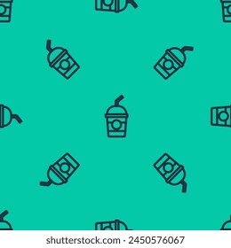 Blue line Milkshake icon isolated seamless pattern on green background. Plastic cup with lid and straw.  Vector