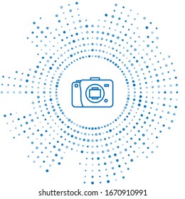 Blue line Mirrorless camera icon isolated on white background. Foto camera icon. Abstract circle random dots. Vector Illustration