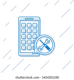 Blue line Mobile Apps with screwdriver and wrench icon isolated on white background. Adjusting, service, setting, maintenance, repair, fixing.  Vector Illustration