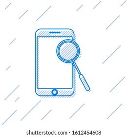 Blue line Mobile phone diagnostics icon isolated on white background. Adjusting app, service, setting options, maintenance, repair, fixing.  Vector Illustration