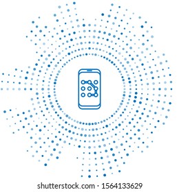 Blue line Mobile phone and graphic password protection icon isolated on white background. Security, safety, personal access, user authorization. Abstract circle random dots. Vector Illustration