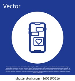 Blue line Mobile phone with heart icon isolated on blue background. Valentines day. White circle button. Vector Illustration