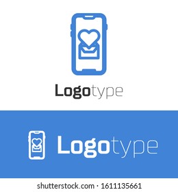 Blue line Mobile phone with heart icon isolated on white background. Valentines day. Logo design template element. Vector Illustration