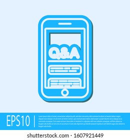 Blue line Mobile phone with Question and Exclamation icon isolated on grey background. Frequently asked questions.  Vector Illustration