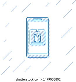 Blue line Mobile smart phone with app delivery tracking icon isolated on white background. Parcel tracking.  Vector Illustration