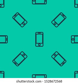 Blue line Mobile smart phone with app delivery tracking icon isolated seamless pattern on green background. Parcel tracking.  Vector Illustration