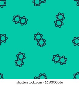 Blue line Molecule icon isolated seamless pattern on green background. Structure of molecules in chemistry, science teachers innovative educational poster.  Vector Illustration